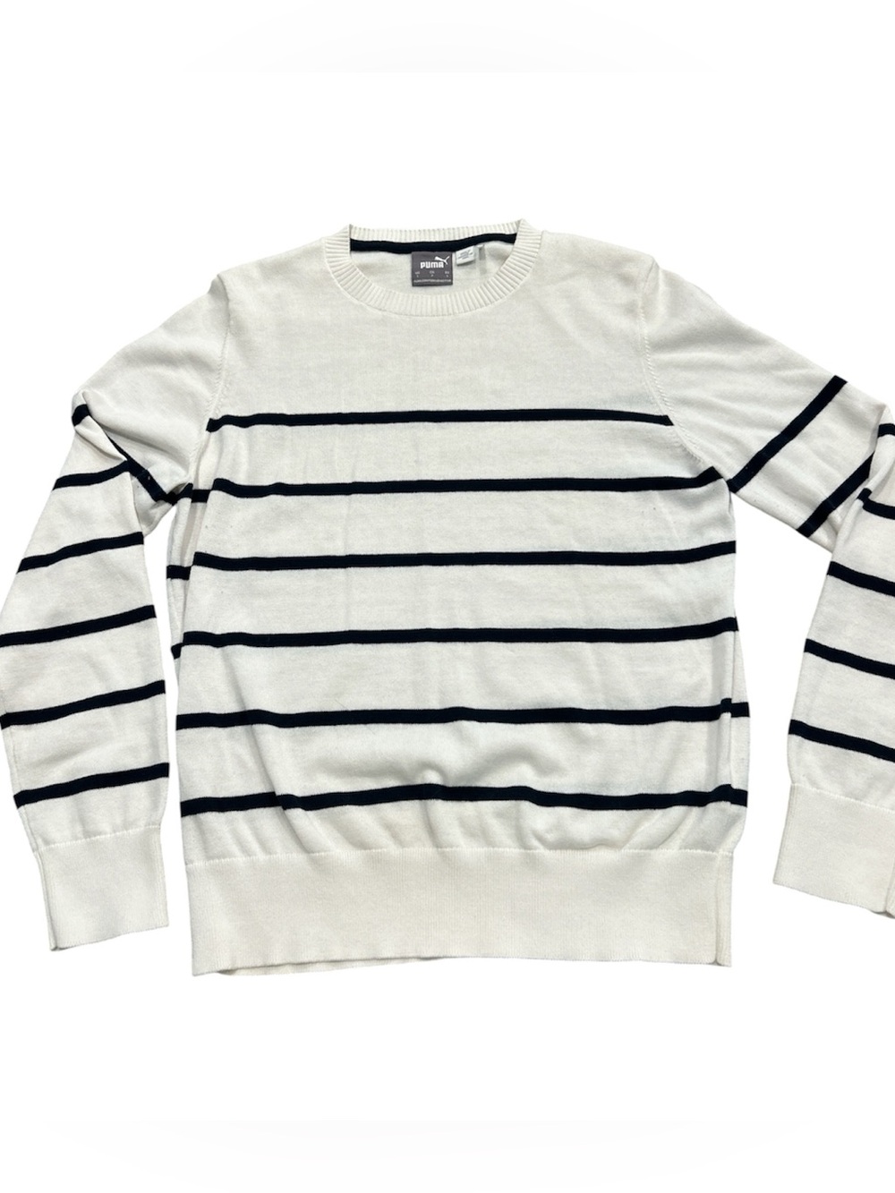 PUMA White & Navy Striped Crewneck Sweater Women’s Lightweight Knit Pullover
